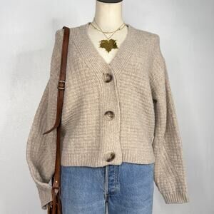 Beige Chunky Knit Cardigan Oversized Buttons Cozy Neutral Size Small